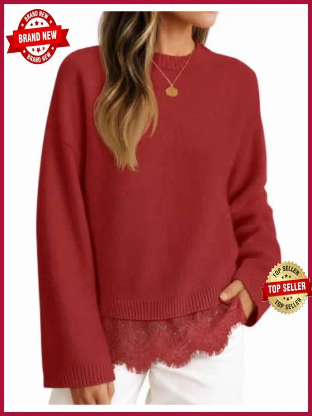 Lace Trim Crew Neck Sweater, Long Sleeve Drop Shoulder Pullover, Soft Knit Top